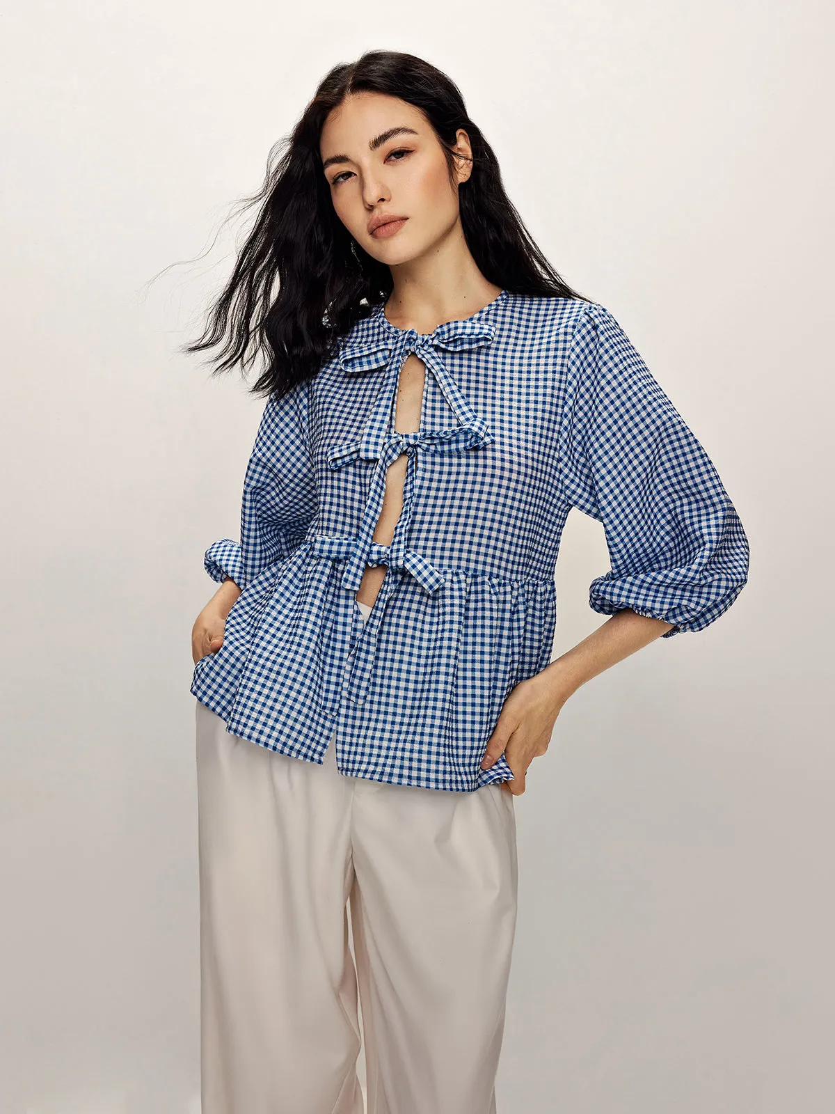 Plaid Tie Front Half Sleeve Blouse