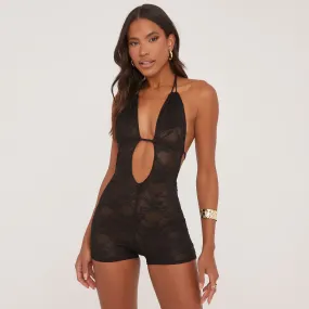 Plunge Halterneck Open Back Playsuit In Black Lace