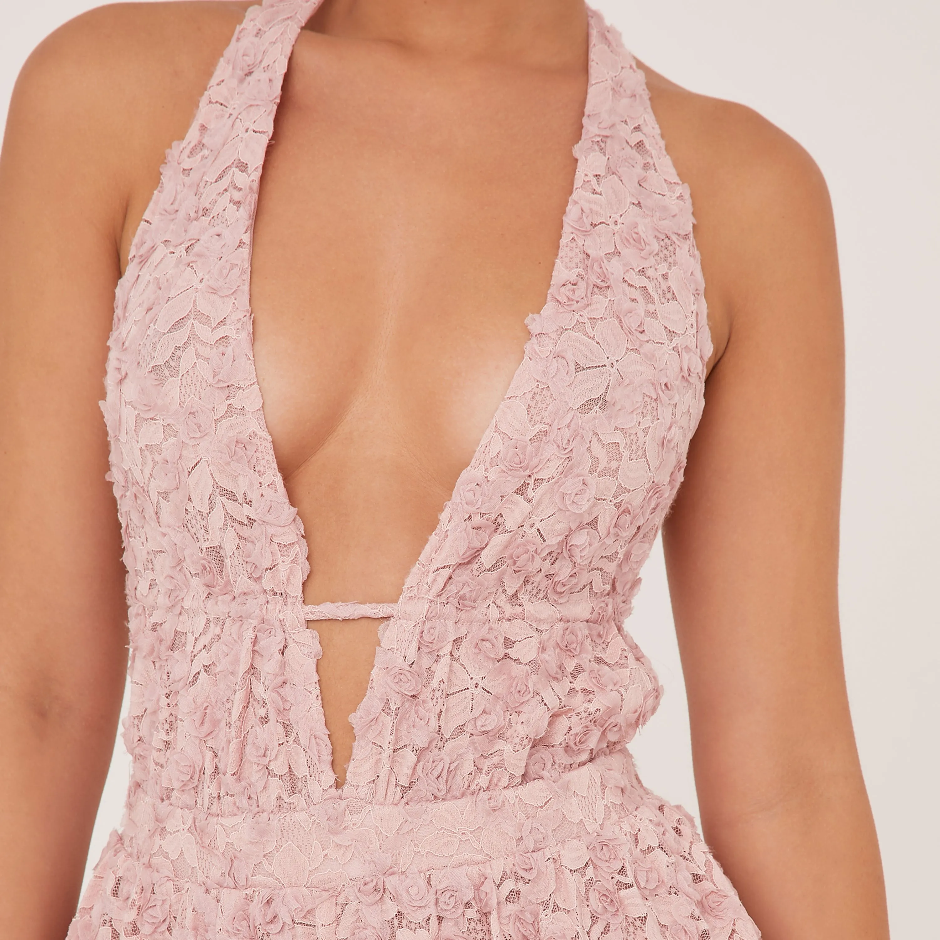 Plunge Open Back Flippy Hem Playsuit In Pink Floral Lace