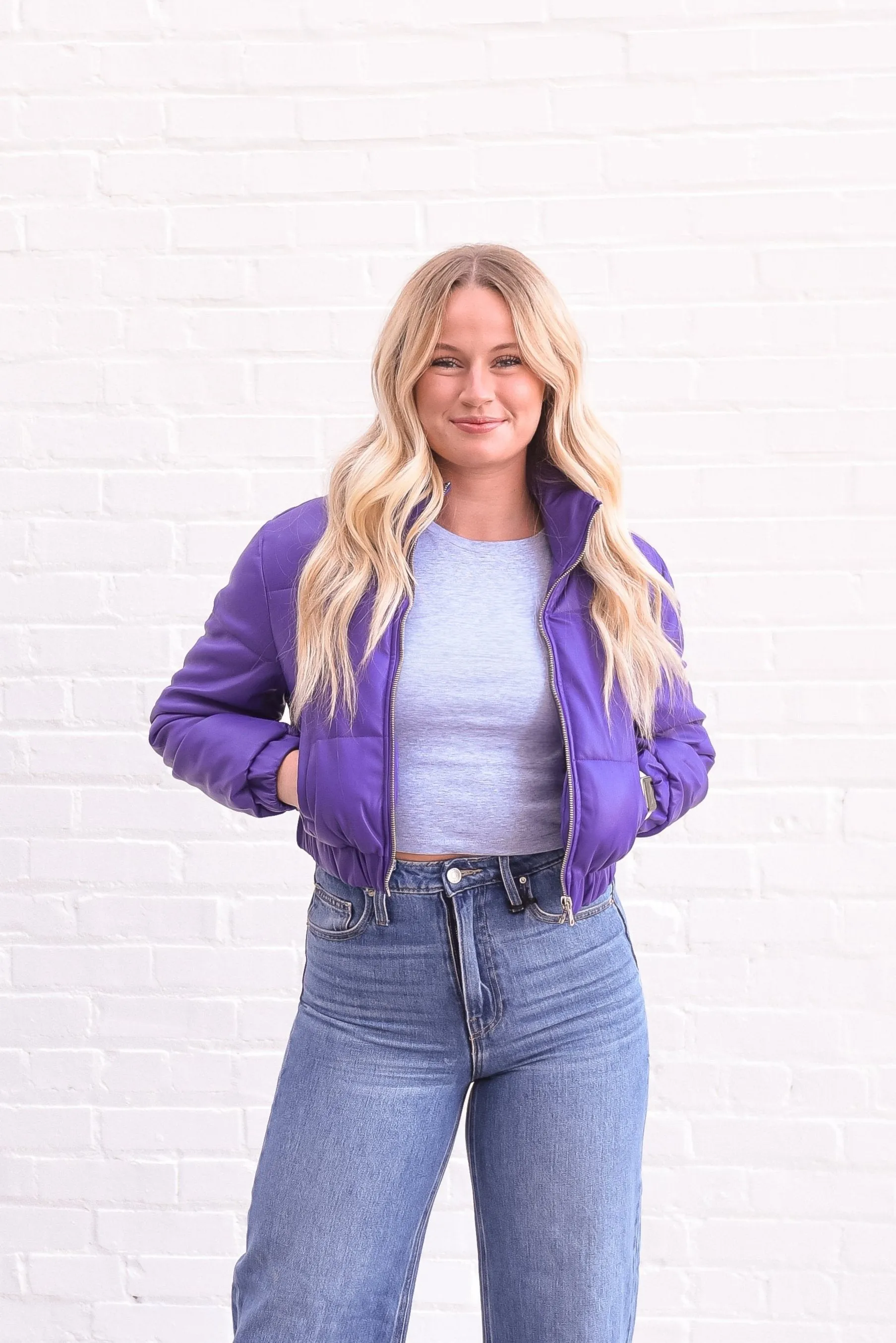 Purple Slick Zip Up Puffer Jacket