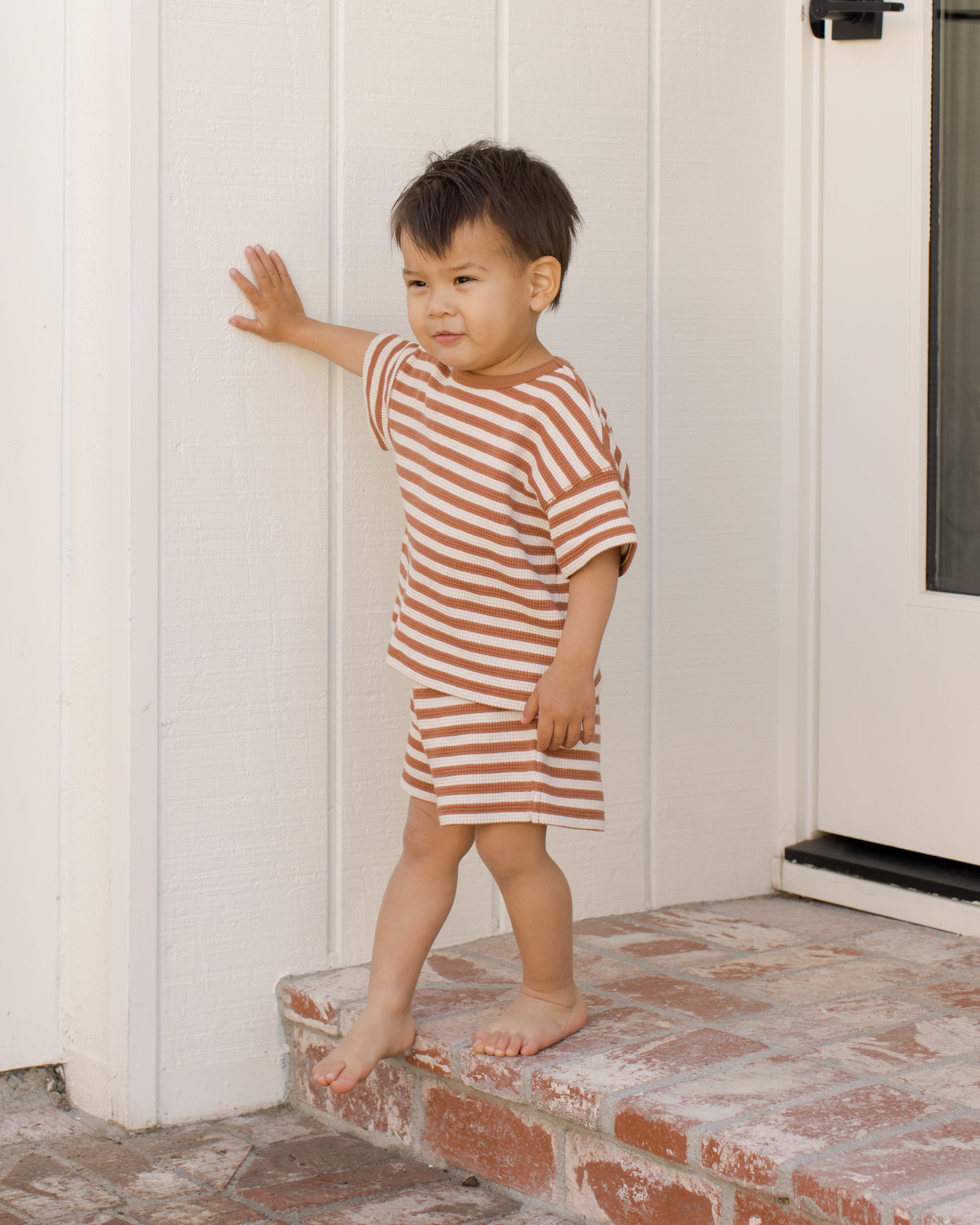 Quincy Mae - Waffle Tee & Short Set - Clay Stripe