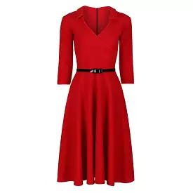 Red 3/4 Sleeve Collar Wrap Effect Swing Dress