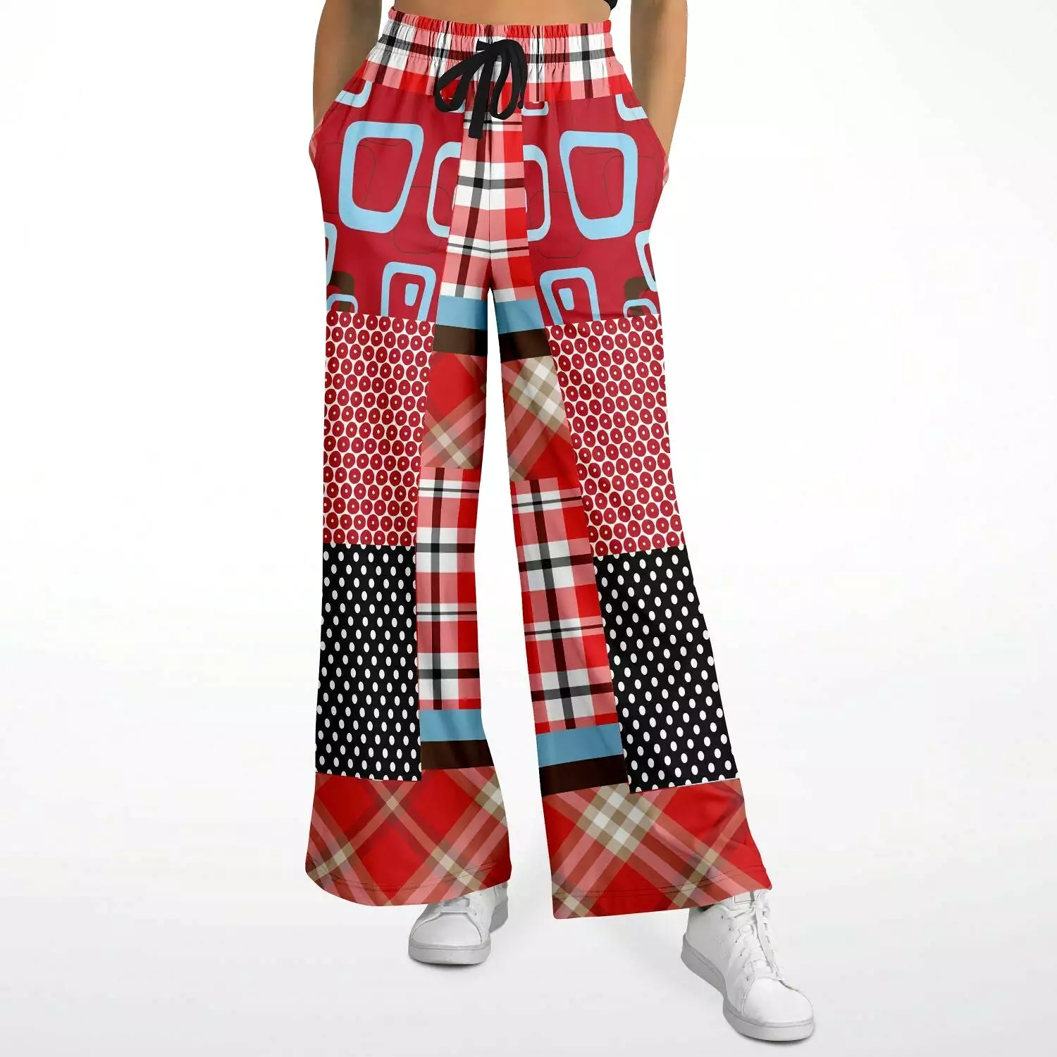 Red Pacific Palisades Patchwork Plaid Eco-Poly Stretchy Phat Bellbottoms