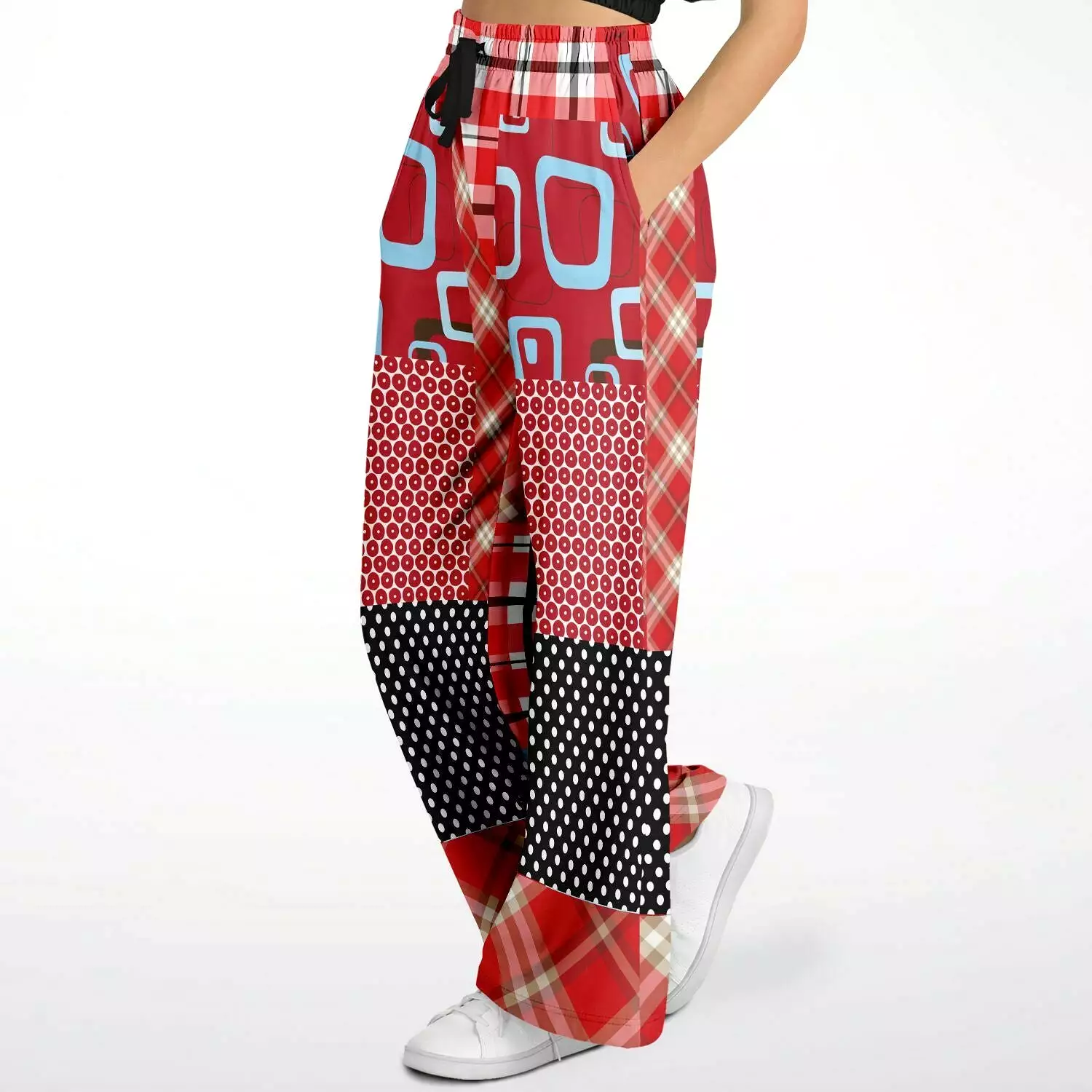 Red Pacific Palisades Patchwork Plaid Eco-Poly Stretchy Phat Bellbottoms