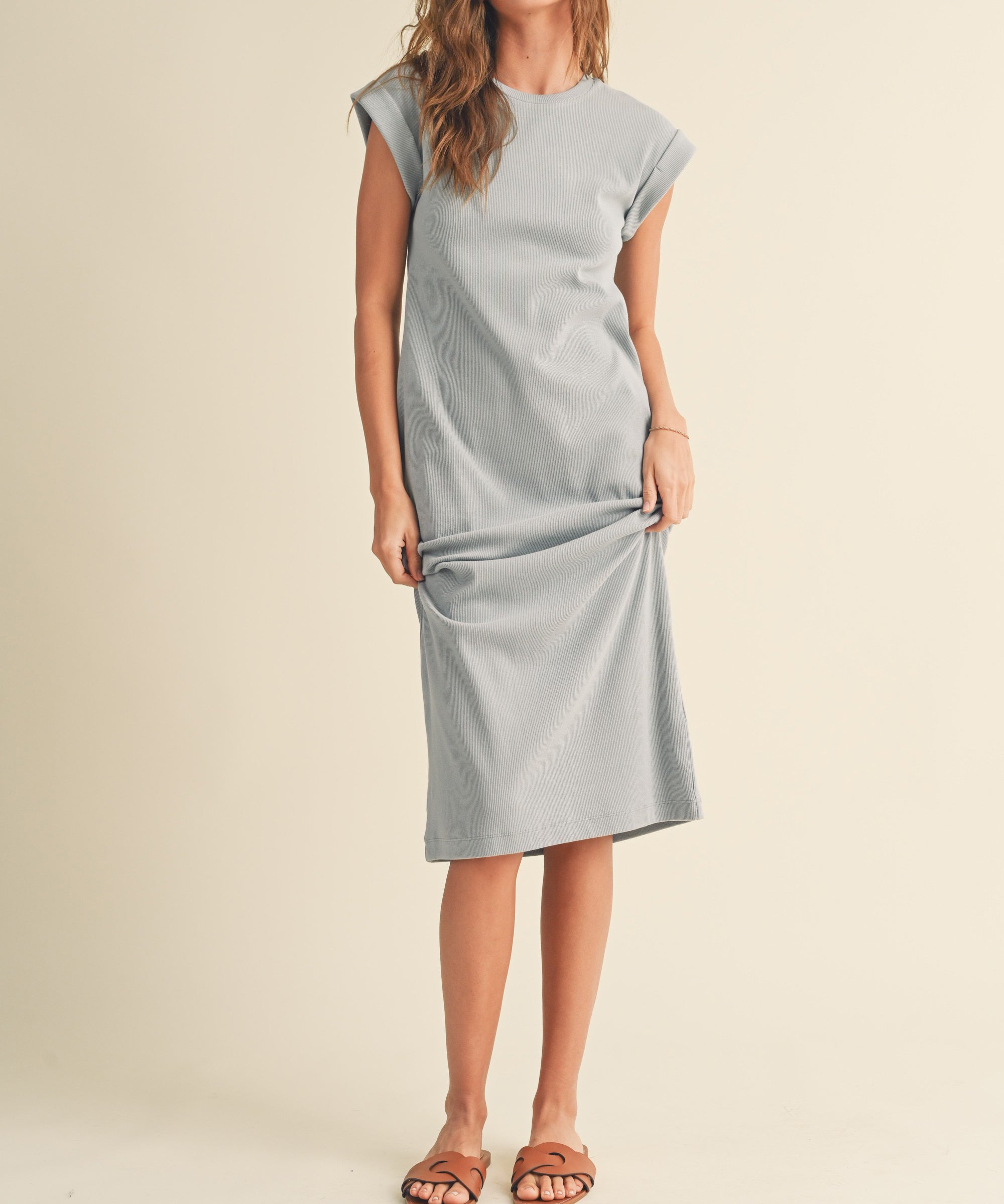 Ribbed Short Sleeve Dress - Sky Blue