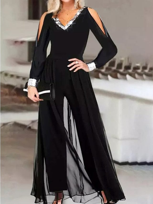 Sequin V-Neck Jumpsuits for Women: Elegant Black Formal Party Wear