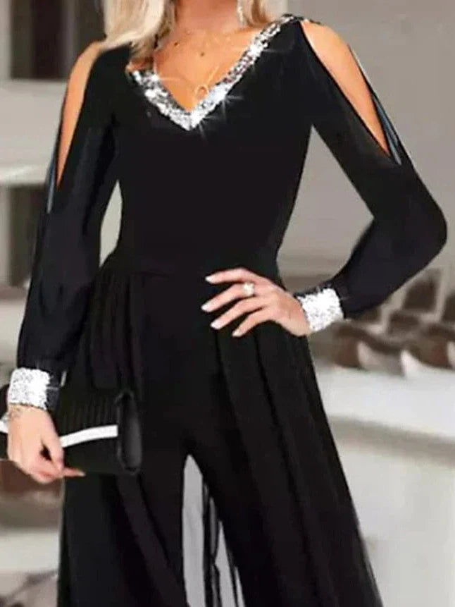 Sequin V-Neck Jumpsuits for Women: Elegant Black Formal Party Wear