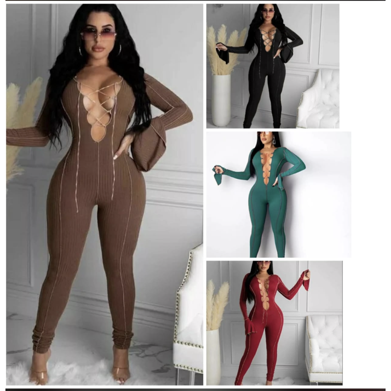 Sexy Lace Up V-neck Flared Sleeves Jumpsuits