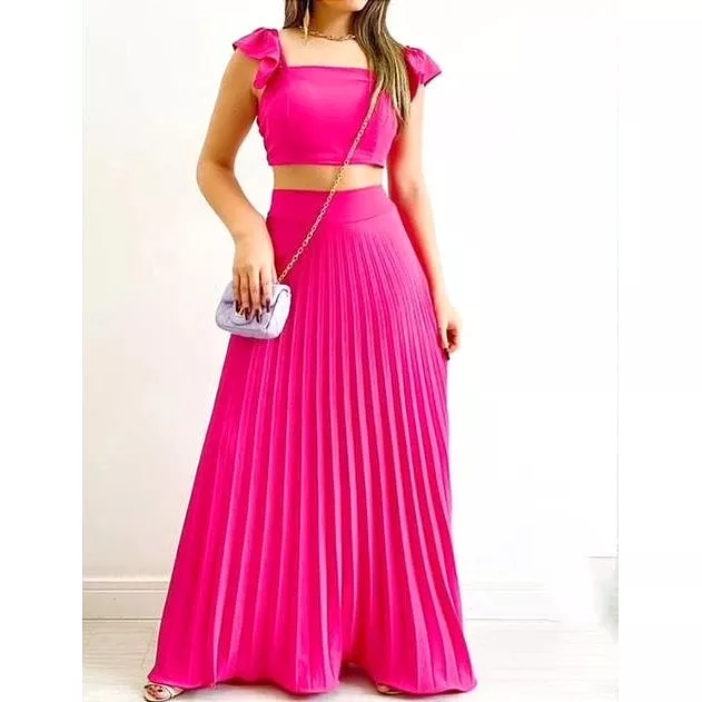 Sexy Pleated Skirt and Square Neck Top Set