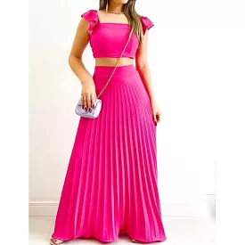 Sexy Pleated Skirt and Square Neck Top Set