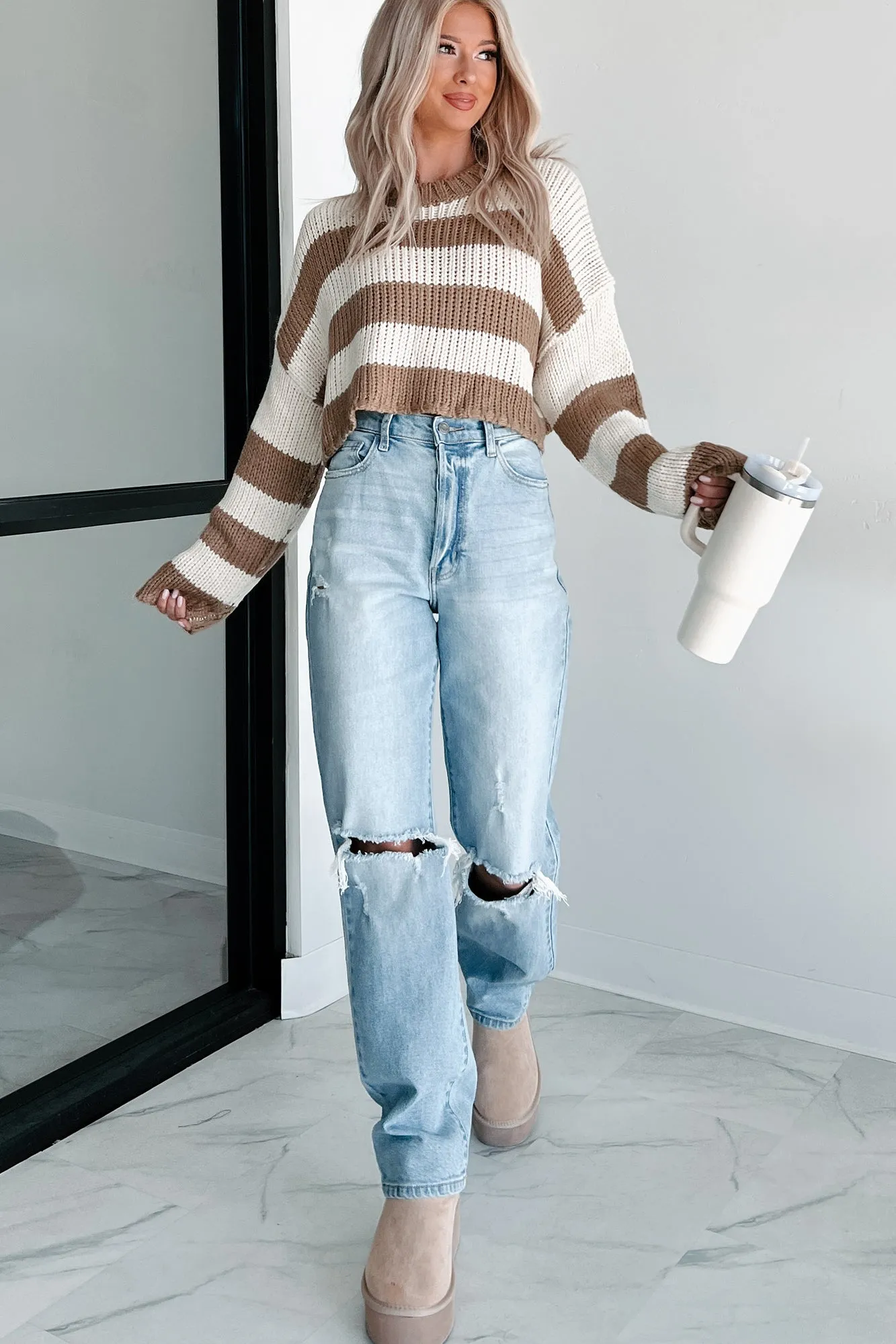 Share Your Story Striped Crop Sweater (Cream/Taupe)