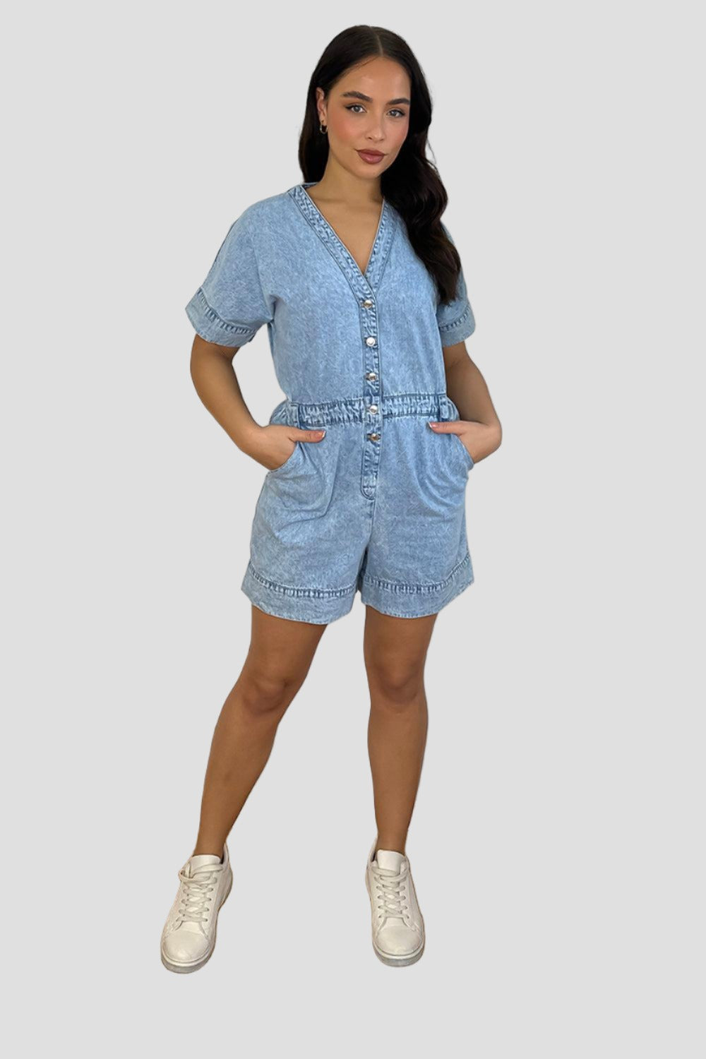 Sky Blue Denim V-Neck Playsuit