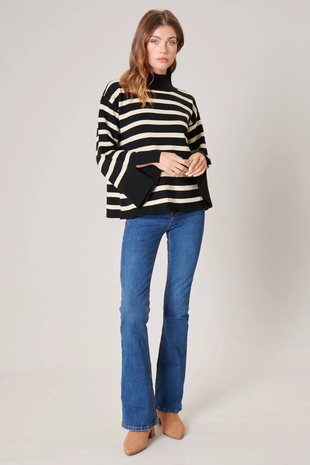 Slayder Striped Turtleneck Wide Sleeve Sweater