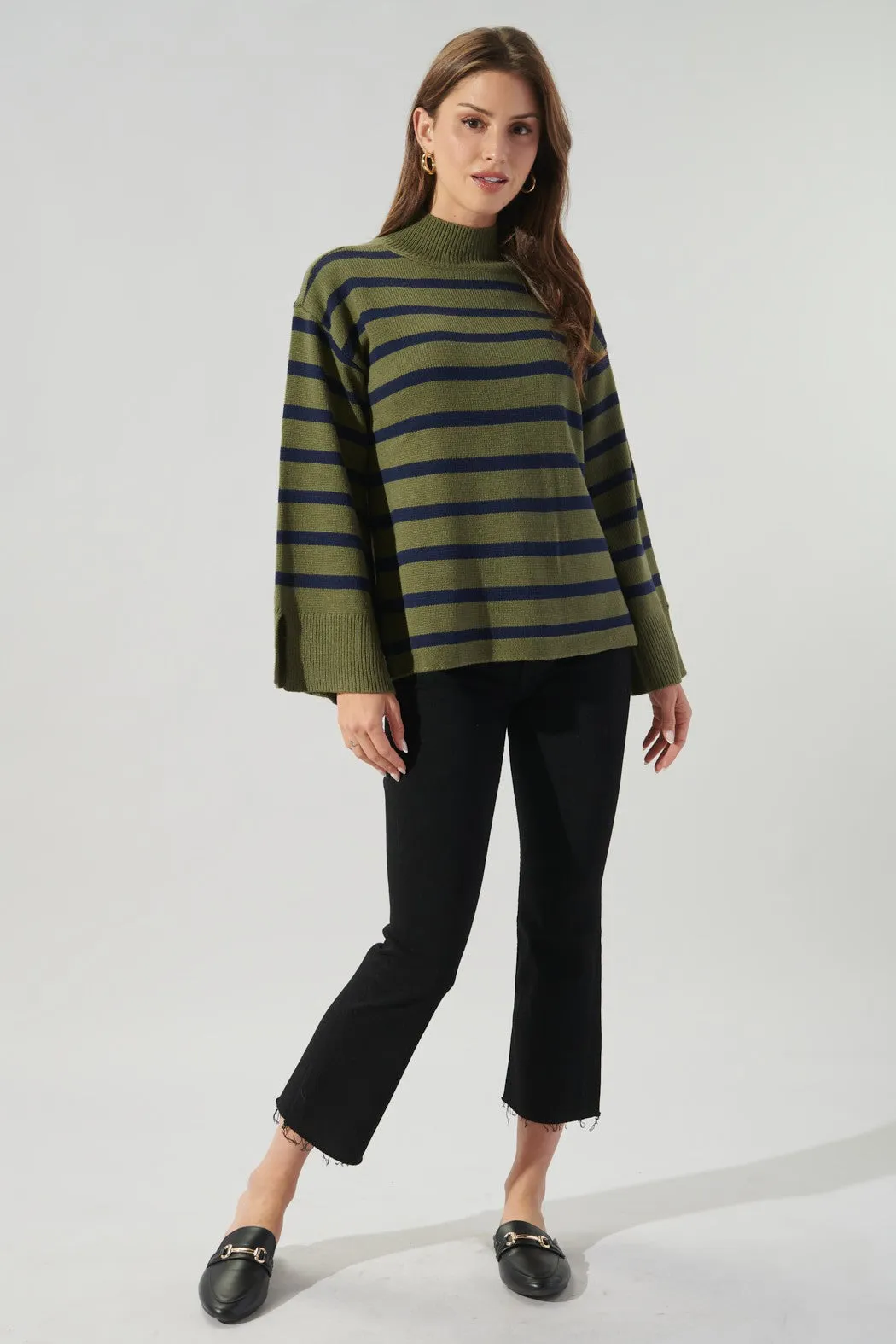 Slayder Striped Turtleneck Wide Sleeve Sweater