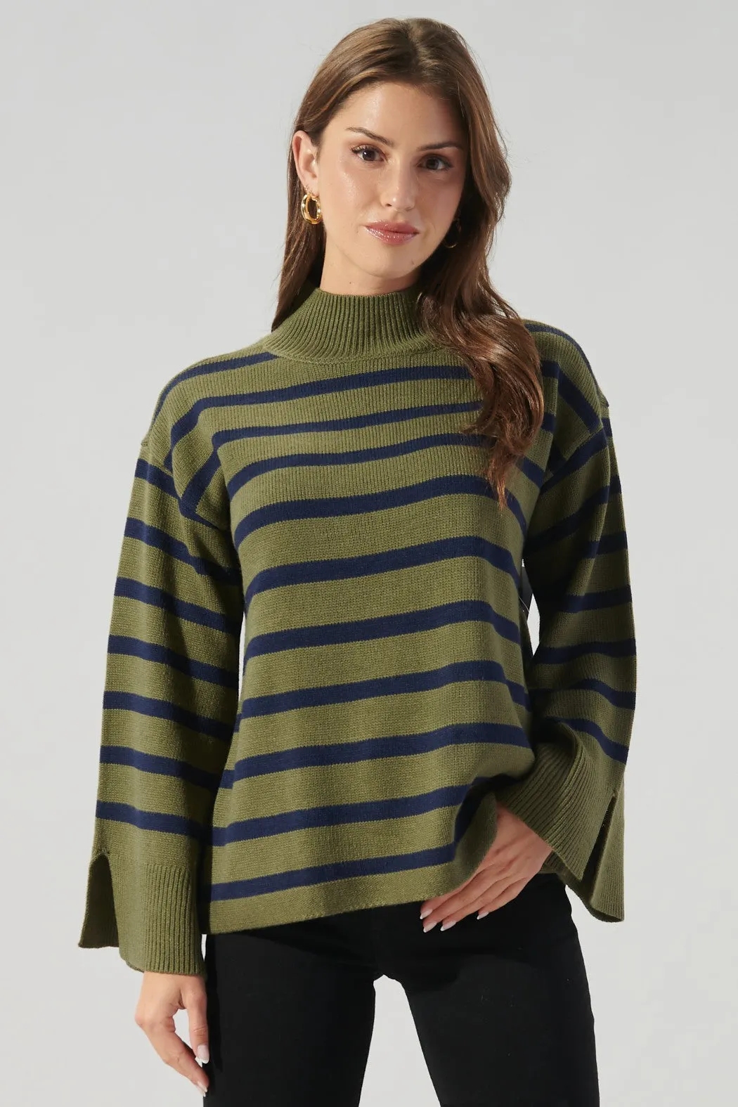 Slayder Striped Turtleneck Wide Sleeve Sweater