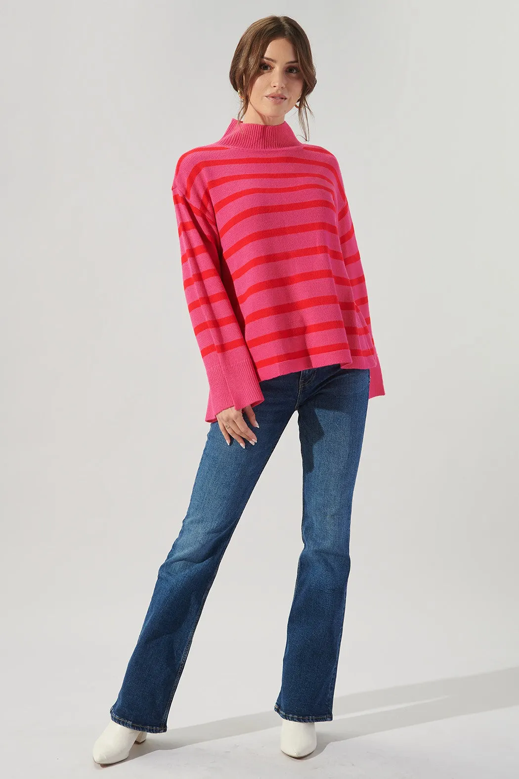 Slayder Striped Turtleneck Wide Sleeve Sweater