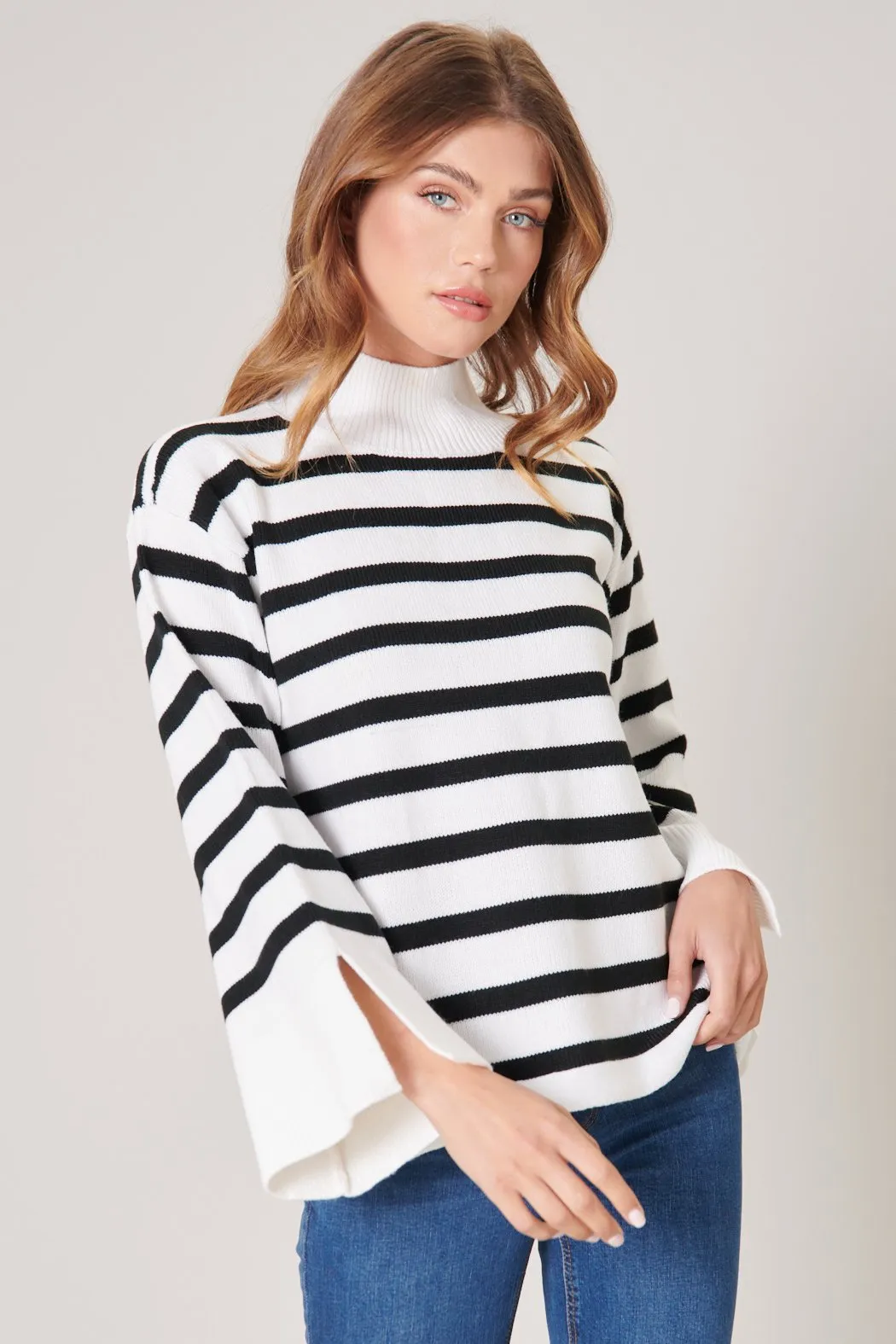 Slayder Striped Turtleneck Wide Sleeve Sweater