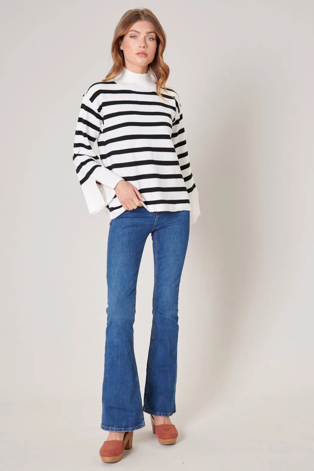 Slayder Striped Turtleneck Wide Sleeve Sweater