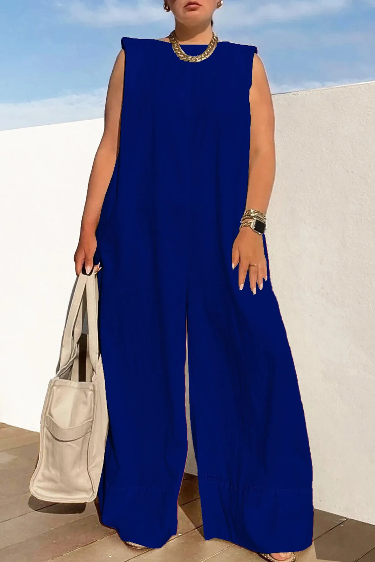 Solid Sleeveless Wide Leg Jumpsuits