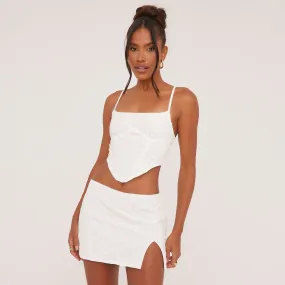 Square Neck Strappy Back Detail Corset Top And Low Rise Split Leg Mini Skirt Co-Ord Set In White Broderie