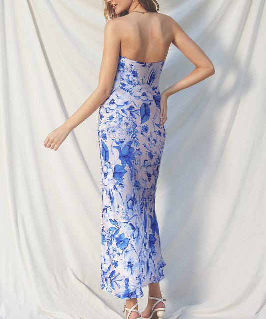 Strapless Floral Satin Maxi Dress - Blue Ivy