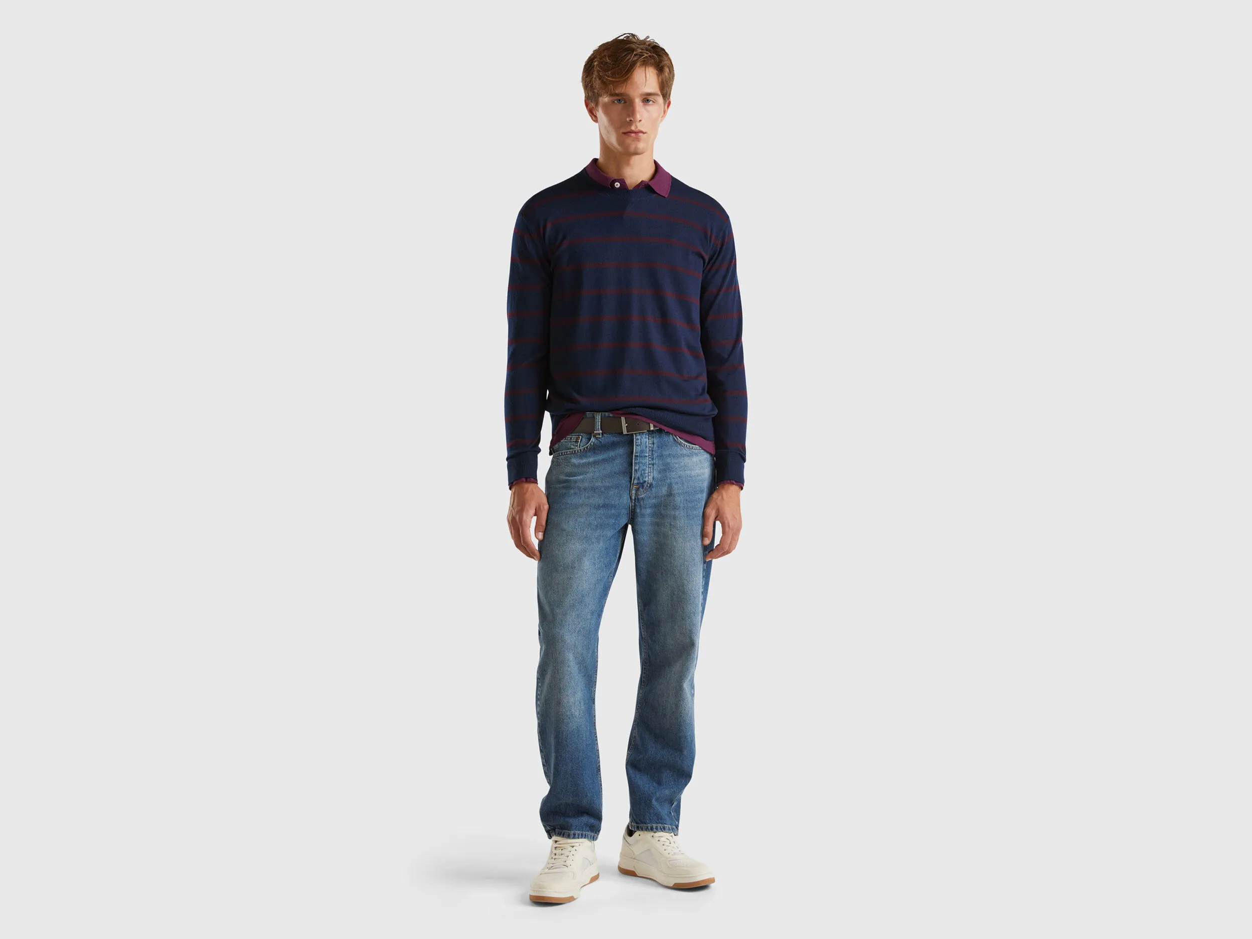 Striped sweater in pure Merino wool - Dark Blue | Benetton