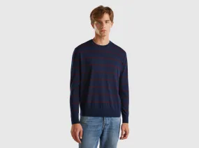 Striped sweater in pure Merino wool - Dark Blue | Benetton