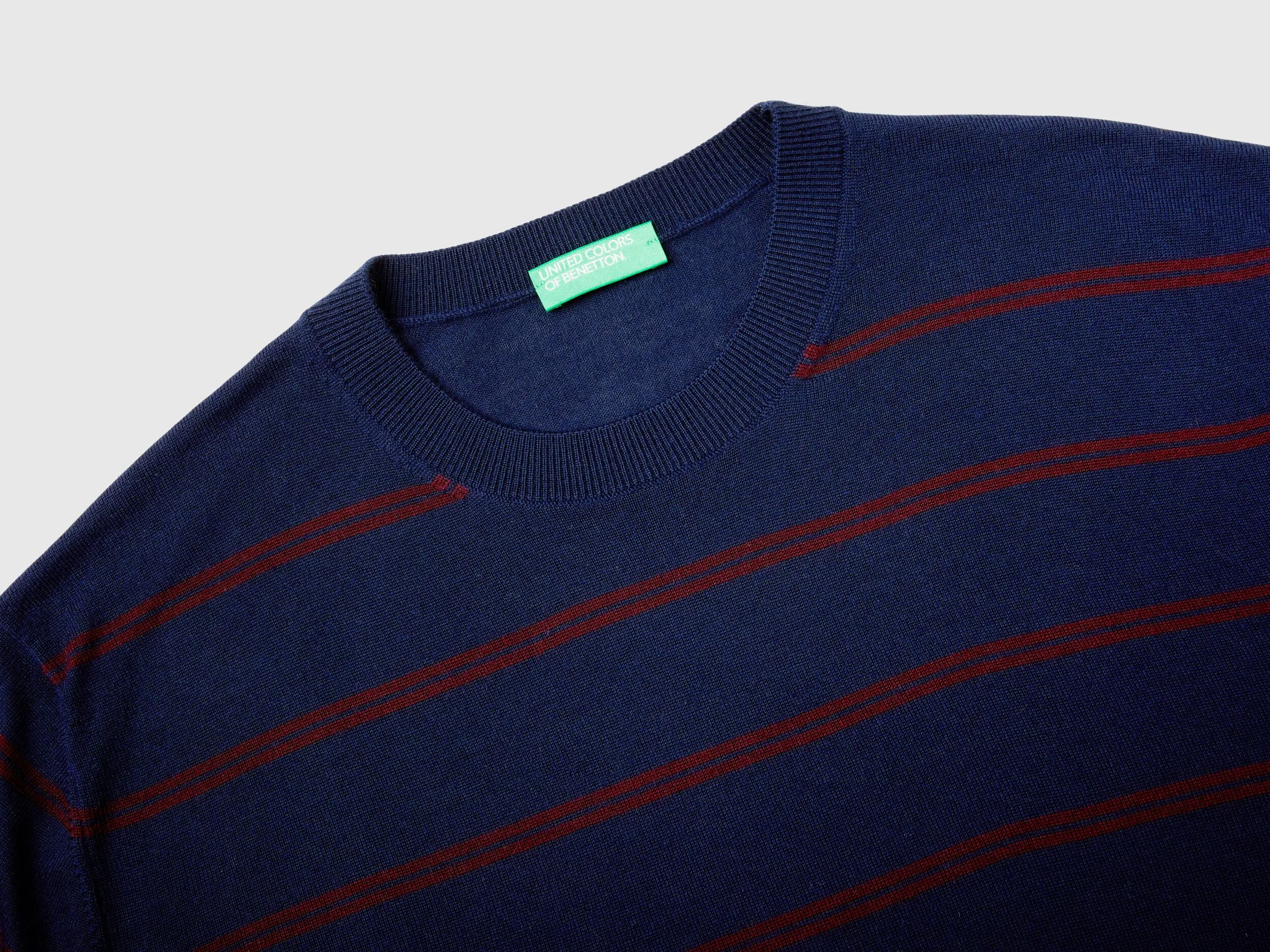 Striped sweater in pure Merino wool - Dark Blue | Benetton