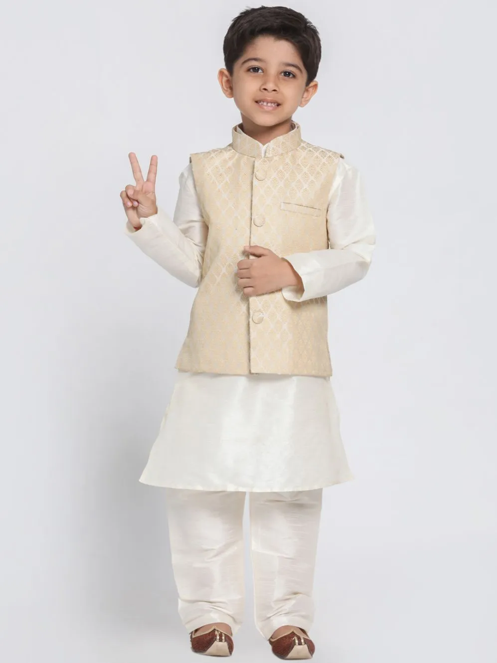 Vastramay Boys Beige Cotton Silk Blend Kurta, Waistcoat and Pyjama Set