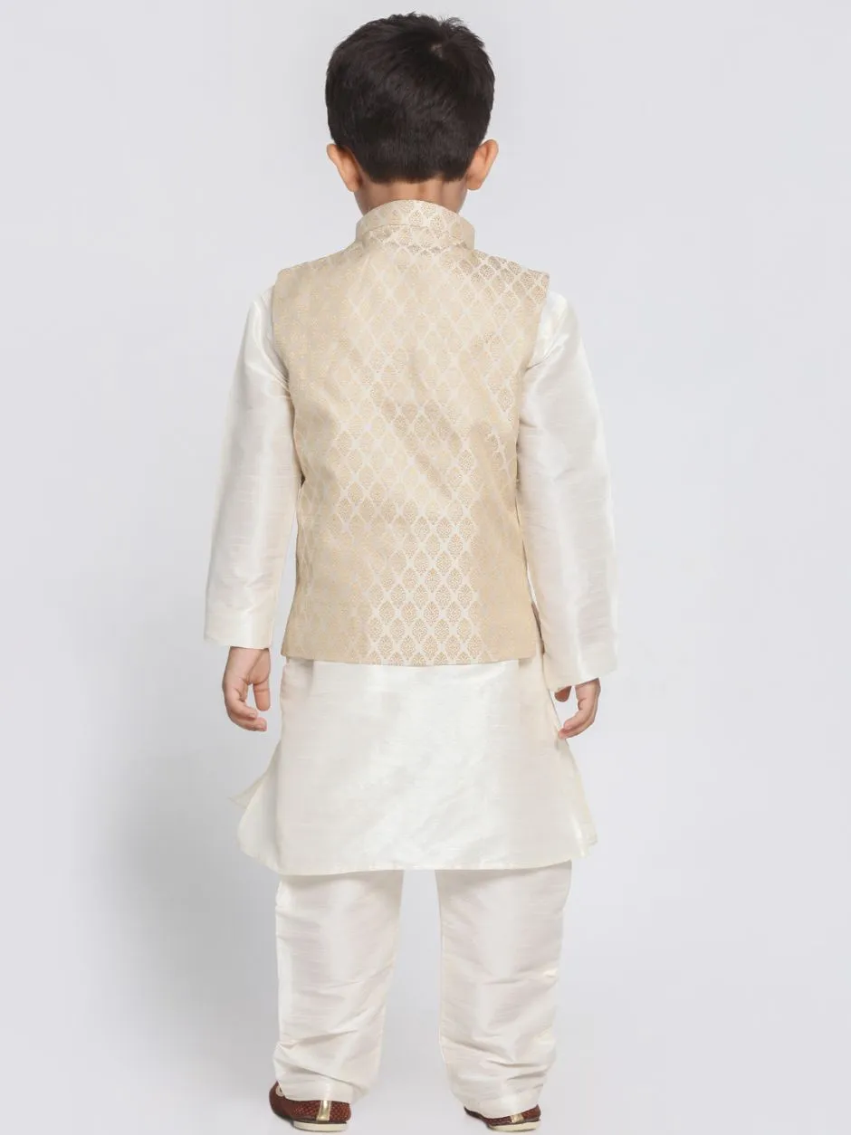 Vastramay Boys Beige Cotton Silk Blend Kurta, Waistcoat and Pyjama Set