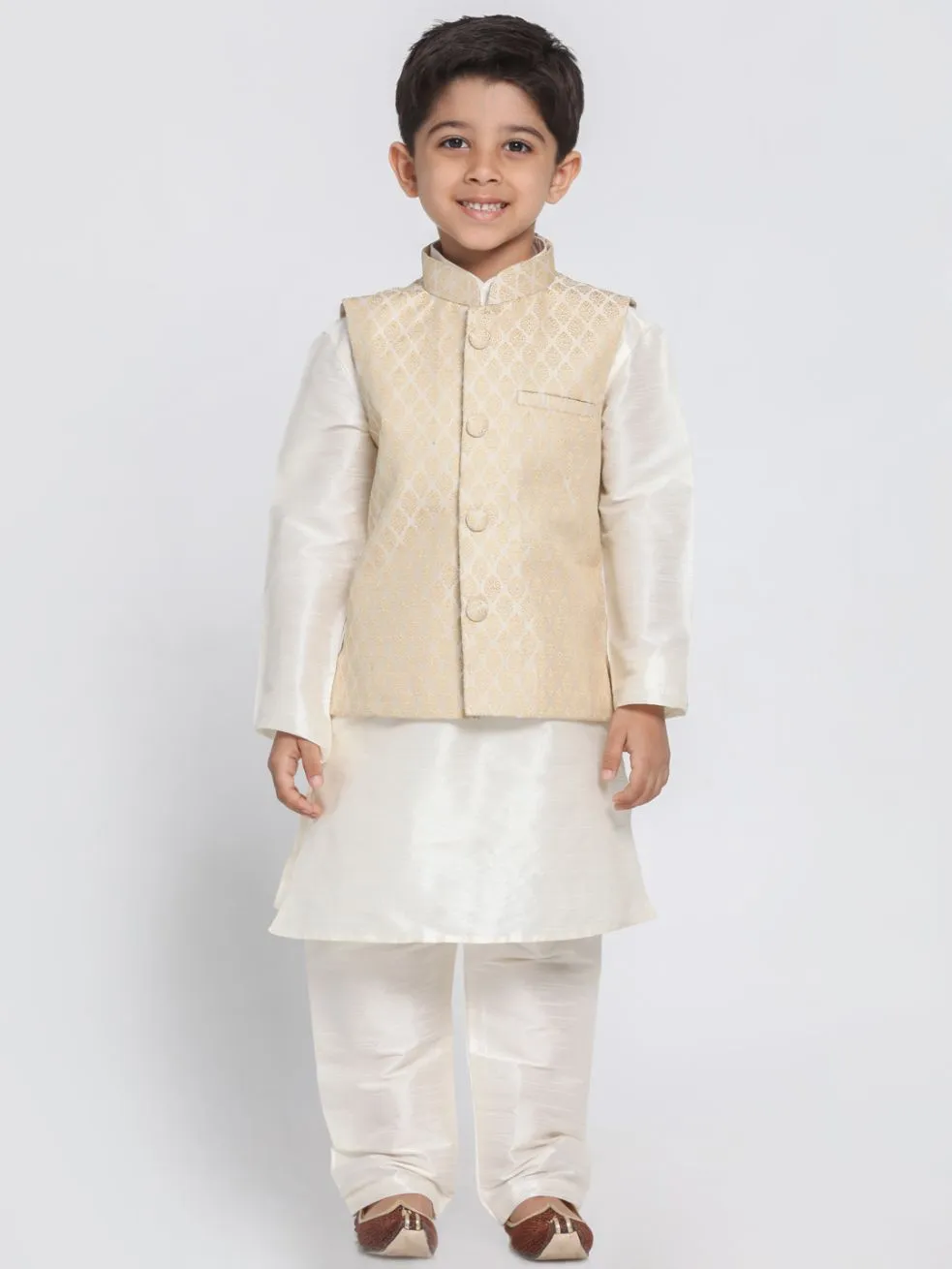 Vastramay Boys Beige Cotton Silk Blend Kurta, Waistcoat and Pyjama Set