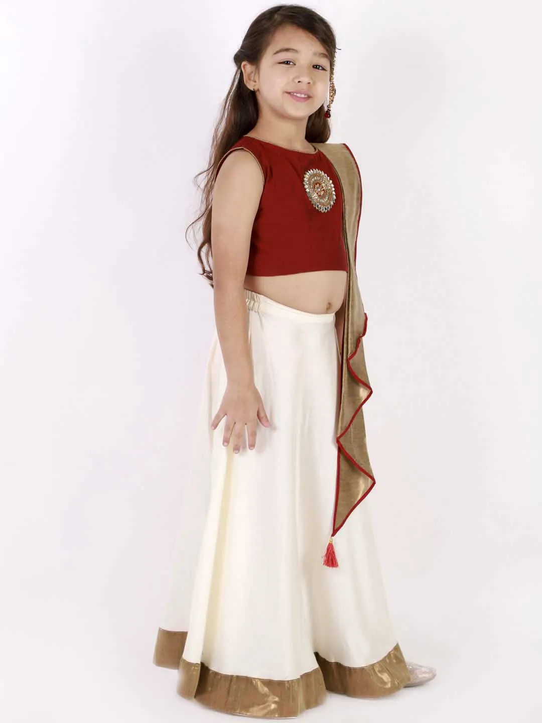 VASTRAMAY Girl's Viscose Crop Top Skirt And Drape Dupatta Set