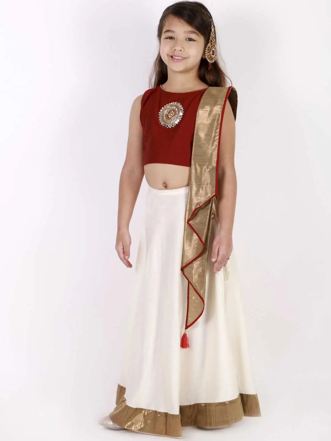 VASTRAMAY Girl's Viscose Crop Top Skirt And Drape Dupatta Set