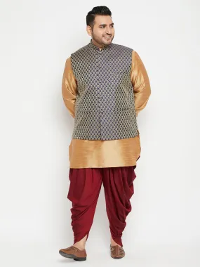 VASTRAMAY Men's Plus Size Rose Gold, Navy Blue and Maroon Silk Blend Jacket Kurta Dhoti Pant Set