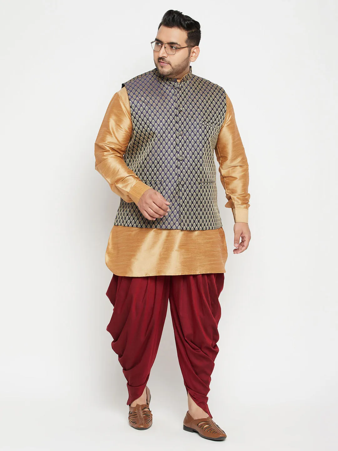 VASTRAMAY Men's Plus Size Rose Gold, Navy Blue and Maroon Silk Blend Jacket Kurta Dhoti Pant Set