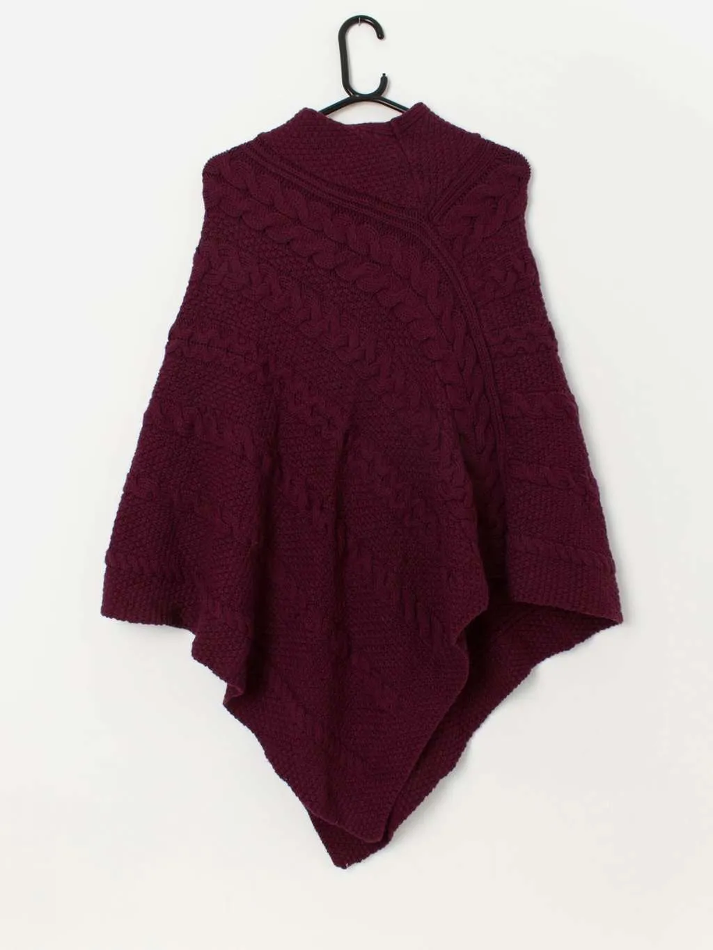 Vintage handknitted plum red cable knit cape poncho – One size