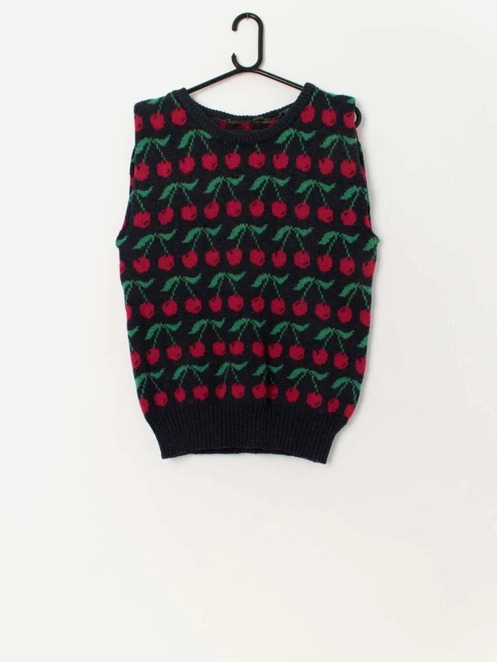 Vintage knitted cherry wool vest in blue – Medium / Large