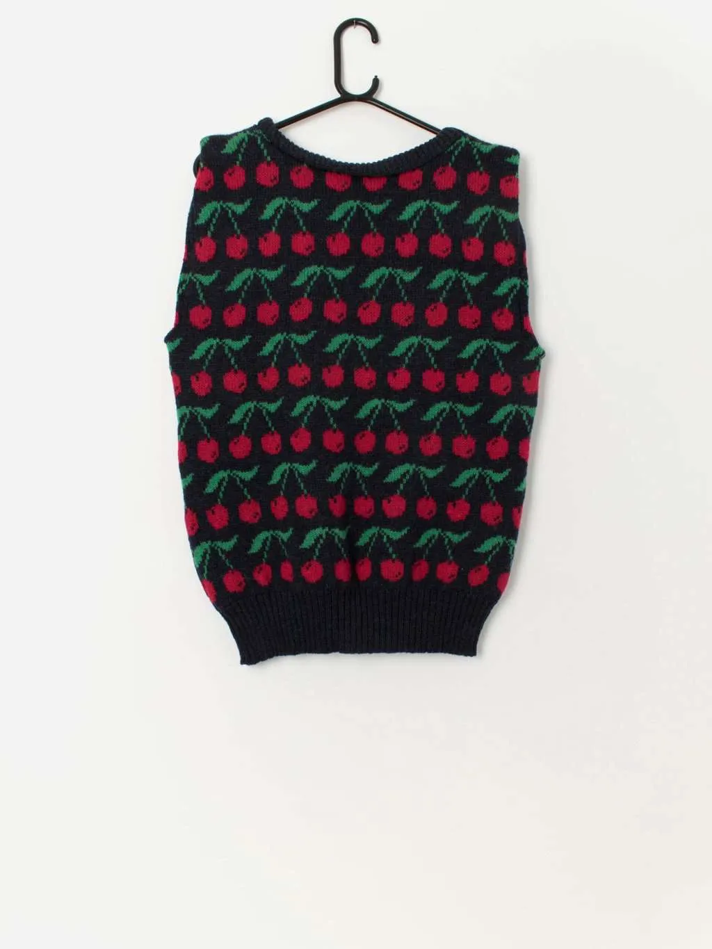 Vintage knitted cherry wool vest in blue – Medium / Large