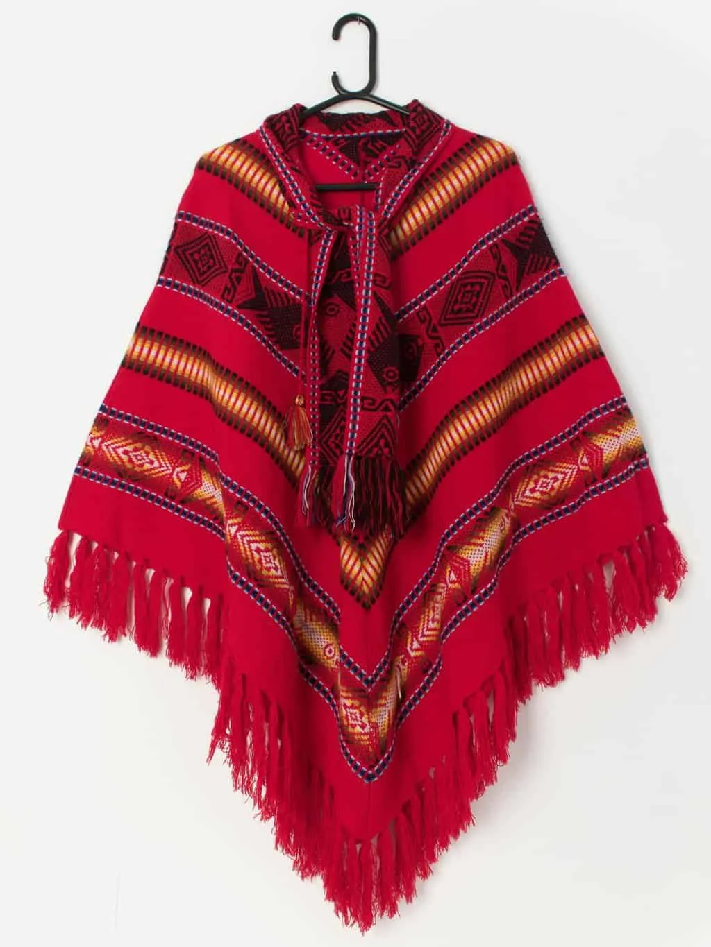 Vintage red woven poncho with scarf – Small / Medium