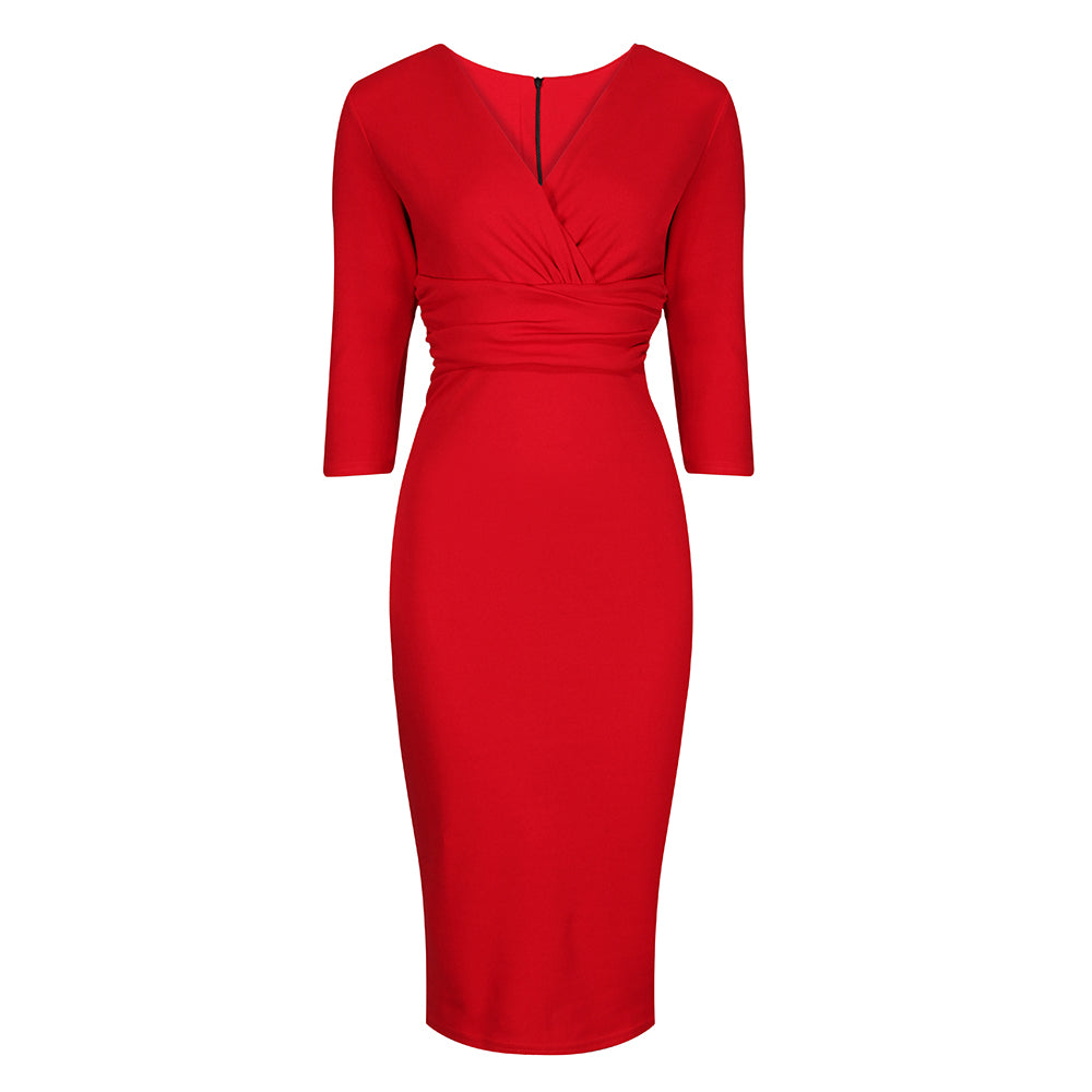 Vintage Red Wrap Over 3/4 Sleeve Midi Pencil Dress