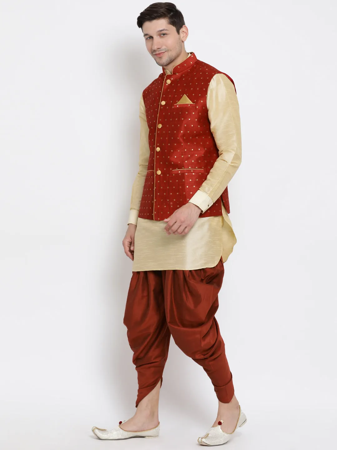 VM By VASTRAMAY Men's Maroon Zari Weaved Jacket With Kurta Dhoti Set