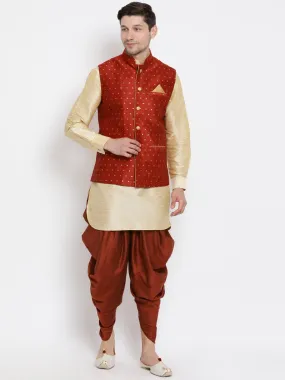 VM By VASTRAMAY Men's Maroon Zari Weaved Jacket With Kurta Dhoti Set