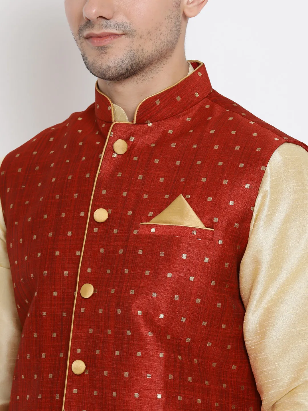 VM By VASTRAMAY Men's Maroon Zari Weaved Jacket With Kurta Dhoti Set