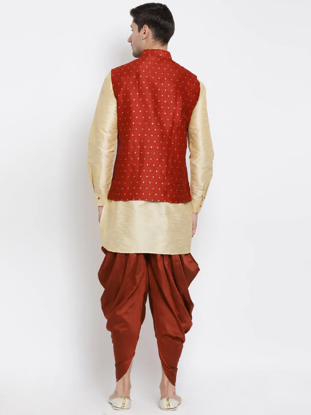 VM By VASTRAMAY Men's Maroon Zari Weaved Jacket With Kurta Dhoti Set