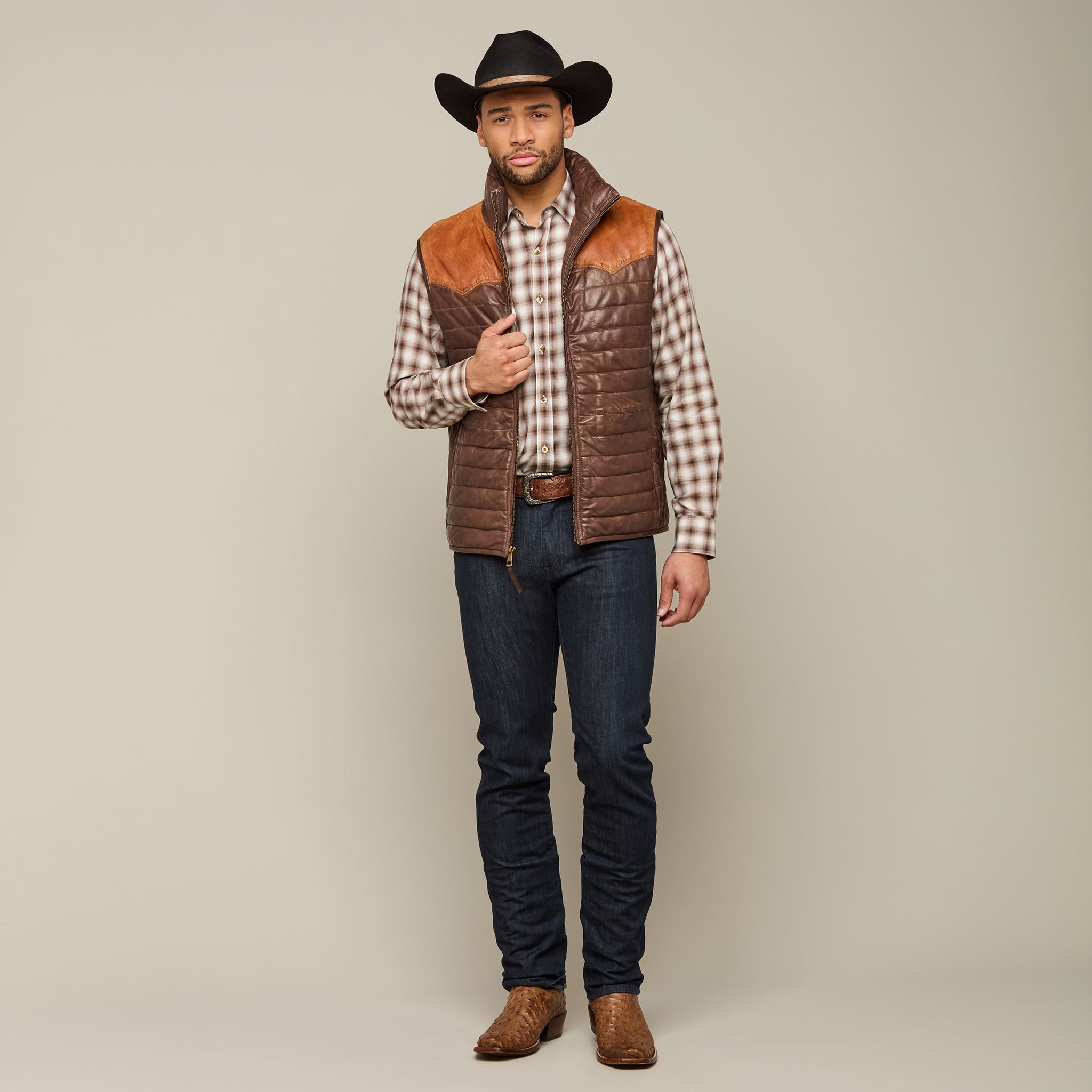 Western Yoke Leather Vest :: Cognac