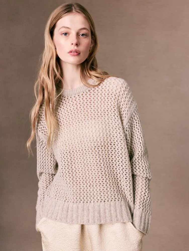 White + Warren Cashmere Marled Crewneck Sweater in Sandwisp Combo