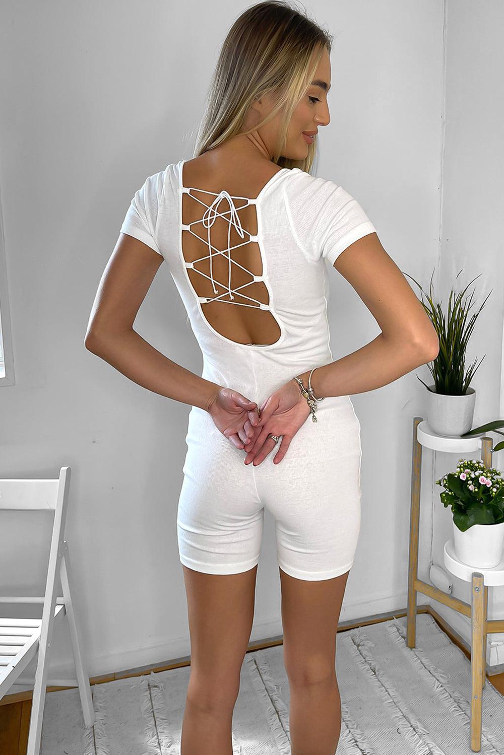 White Cross Lace Back Onesie Playsuit