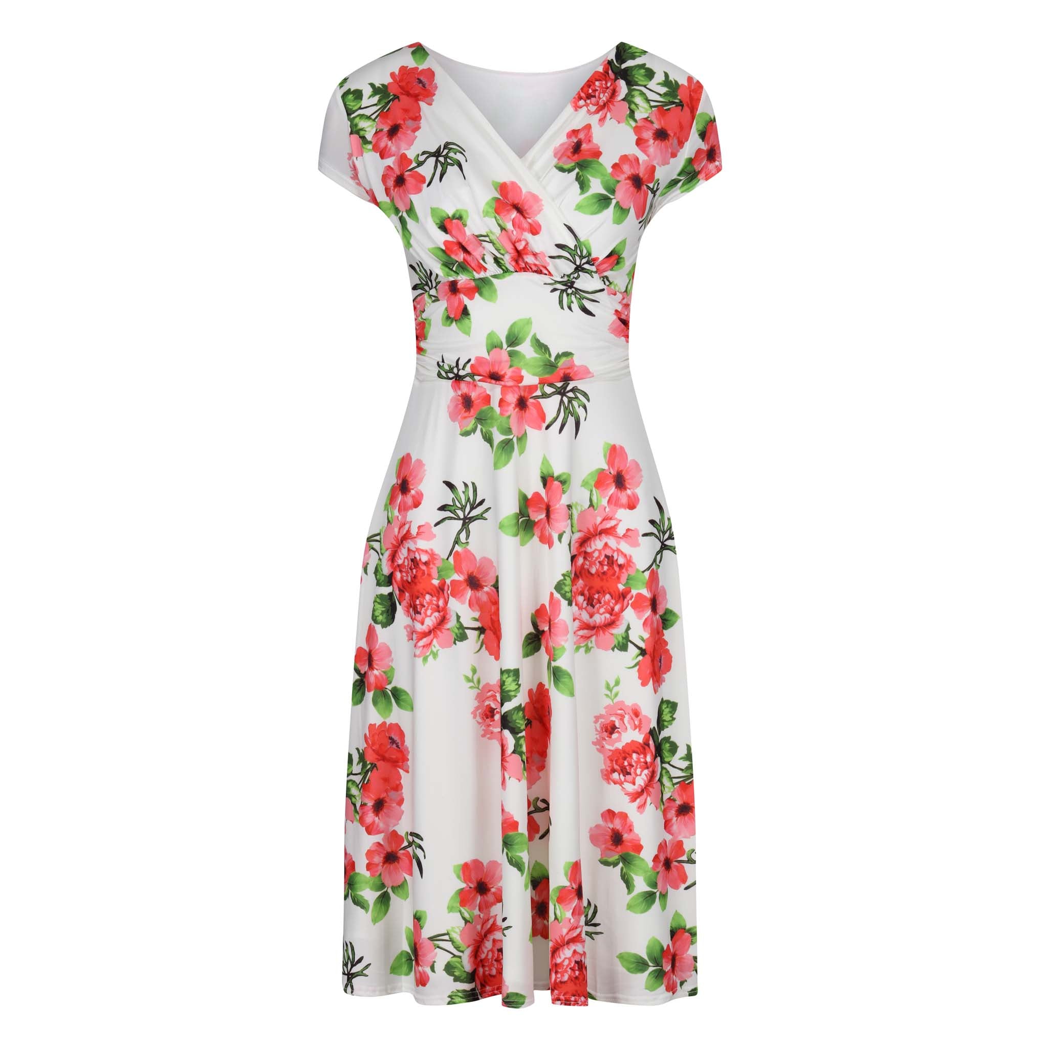 White Floral Print Capped Sleeve Wrap Effect Tea Dress