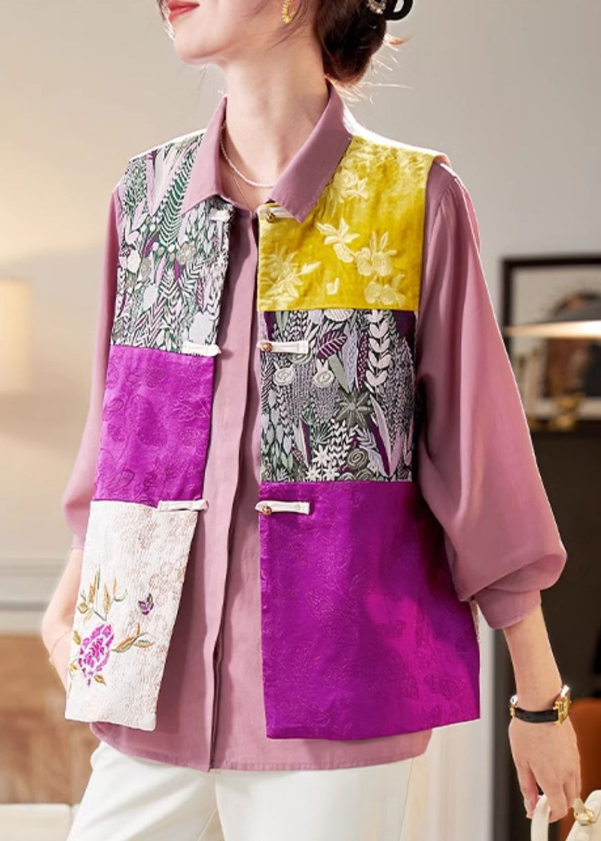 Women Colorblock Embroidered Button Silk Waistcoat Sleeveless QA1091