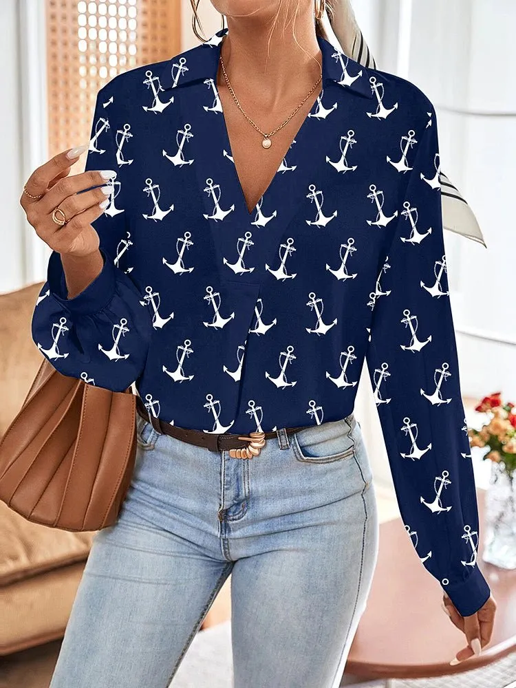 Women's Blouses Collared V Neck Long Sleeve Anchor Printing Blouse